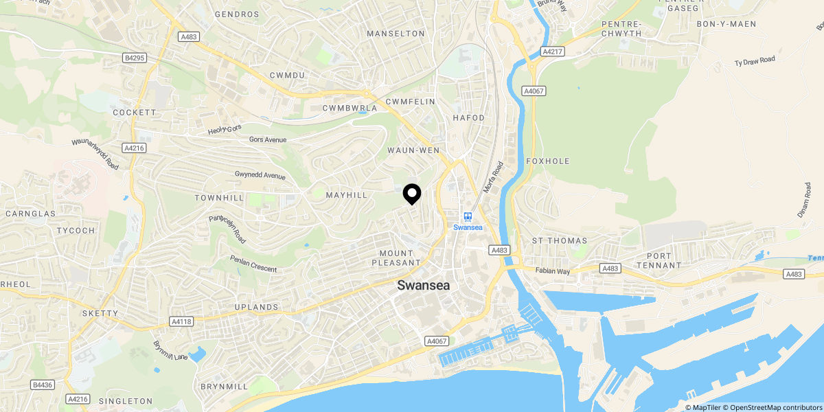 Approximate location of Pleasant View Terrace, Swansea, SA1 6YQ